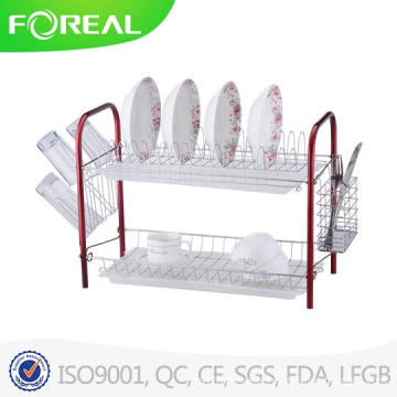 Two Tier Dish Rack with Plastic Tray in Red